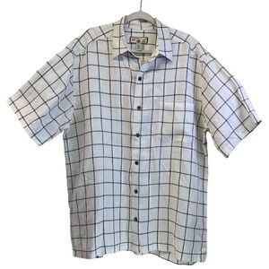 Caribbean Joe Mens XL Black Checkered 100% Linen Short Sleeves Button Down Shirt